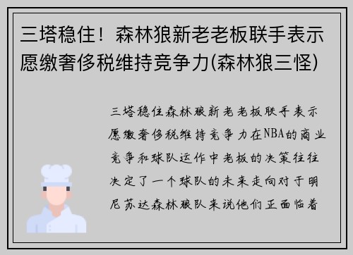 三塔稳住！森林狼新老老板联手表示愿缴奢侈税维持竞争力(森林狼三怪)